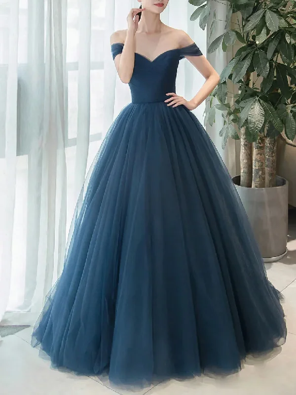 Women's Elegant Clothing Sets Style Upgrade Simple blue off shoulder long prom dress, v neck tulle bridesmaid dress gh2288