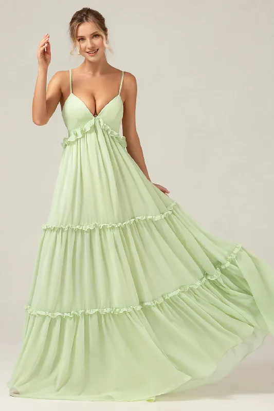 Women's Casual Clothing For Lounging Early Access To Art Deco Styles Sale A-line thin shoulder strap backless long green ruffled bridesmaid dress