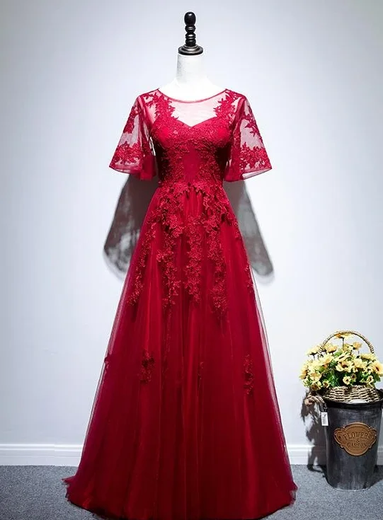 Women's Comfortable Lounge Outfit Hot Styles Beautiful Red Short Sleeves Tulle Prom Dress, Red Long Evening Gown   cg14912