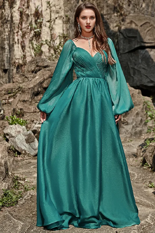 Women's Vintage-Inspired Outfit Trend Alert Green ruffled A-line off shoulder long sleeved bridesmaid dress