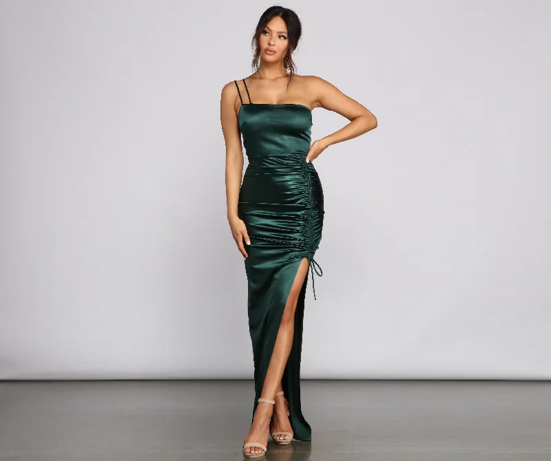 Women's Formal Event Outfit Exclusive Sale Norah Formal High Charming Slit Satin Dress