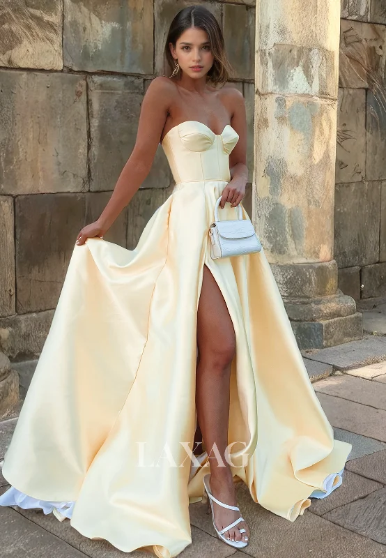 Women's Clothing For Outdoor Events Limited Styles A-Line Strapless Sleek Satin High Slit Party Prom Formal Evening Dress with Train