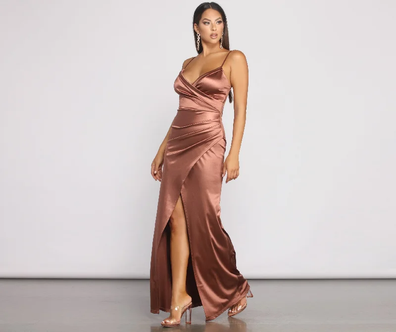 Women's Elegant Outfit Latest Trends Nikita Formal High Charming Slit Satin Dress