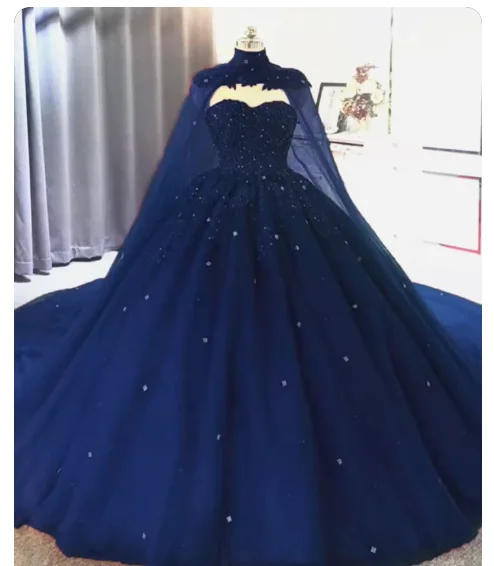 Women's Travel Outfit Set Discounts On Casual Weekend Styles Elegant Lace embroidery tulle beaded quinceanera dresses navy blue ball gown prom dress with cape   cg14666