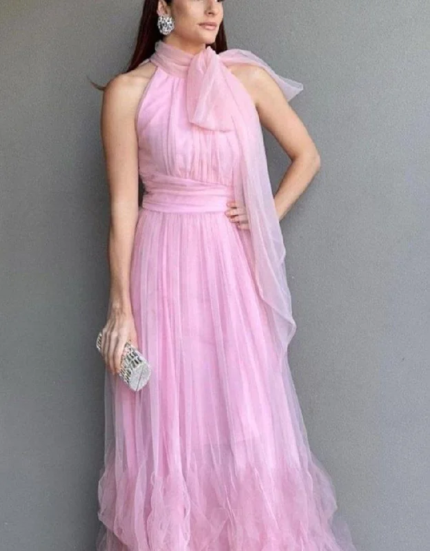 Casual Chic Women's Clothes Limited Styles Pink suspender bow tulle long ball gown evening dress wedding guest dress bridesmaid dress gh3102