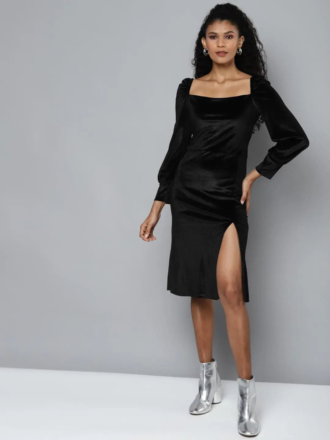 Women's Clothing Outfit Set Trend Alert Black Velvet Front Slit Bodycon Dress