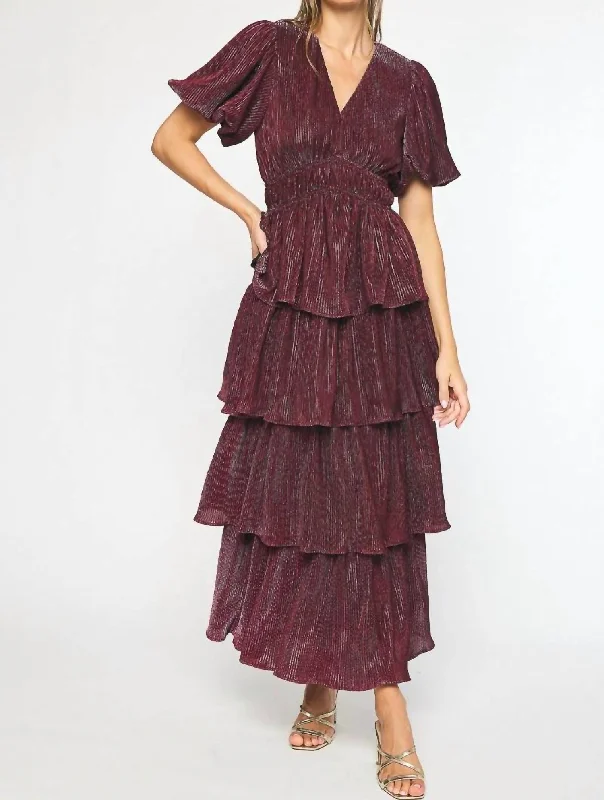 Women's Elegant Clothes Save On Inspired Styles Puff Sleeve Maxi Dress In Metallic Sangria