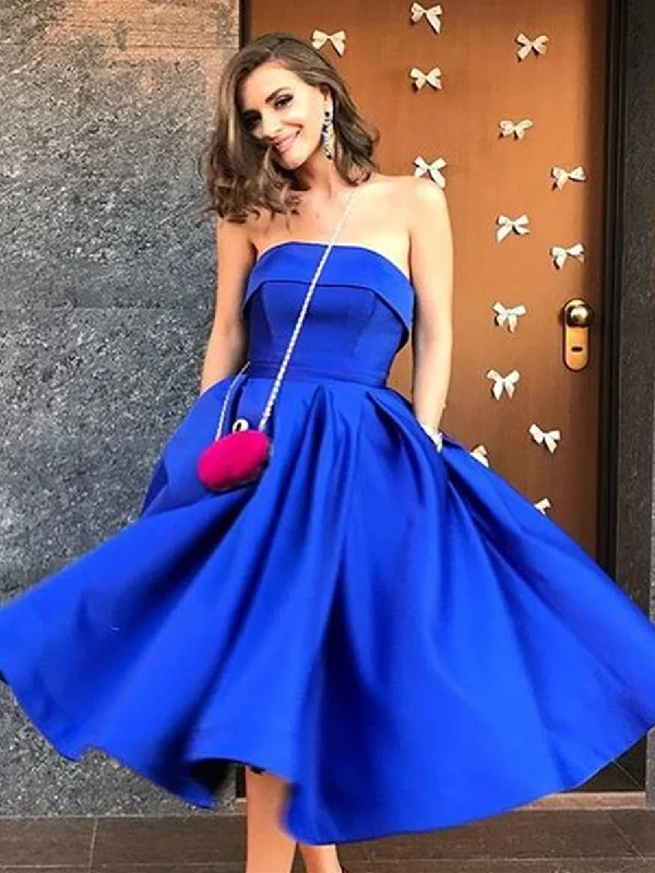 Stylish Women's Outfit Hot Styles A Line Strapless Tea Length Royal Blue Satin Prom Dresses with Pockets, Royal Blue Homecoming Dresses, Formal Dresses, Evening Dresses