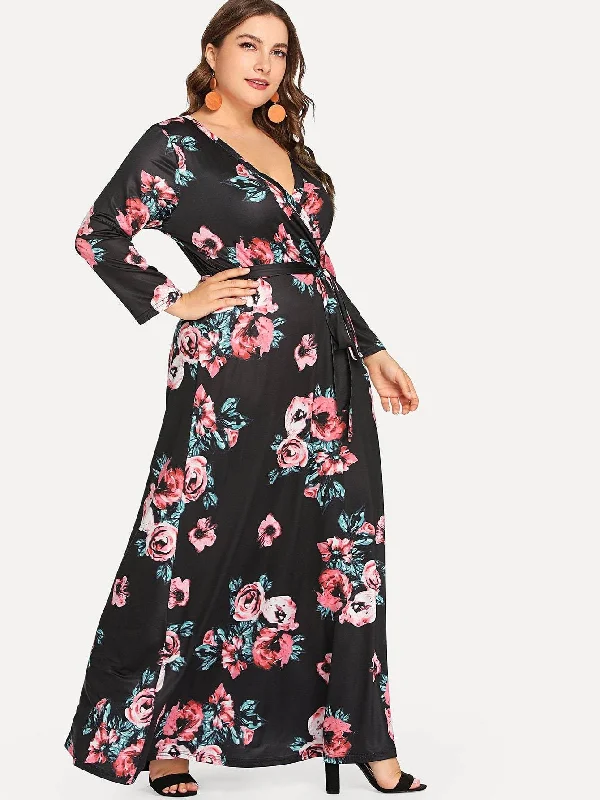 Women's Office Outfit Evening Elegance Plus Flower Print Long Sleeve Wrap Dress