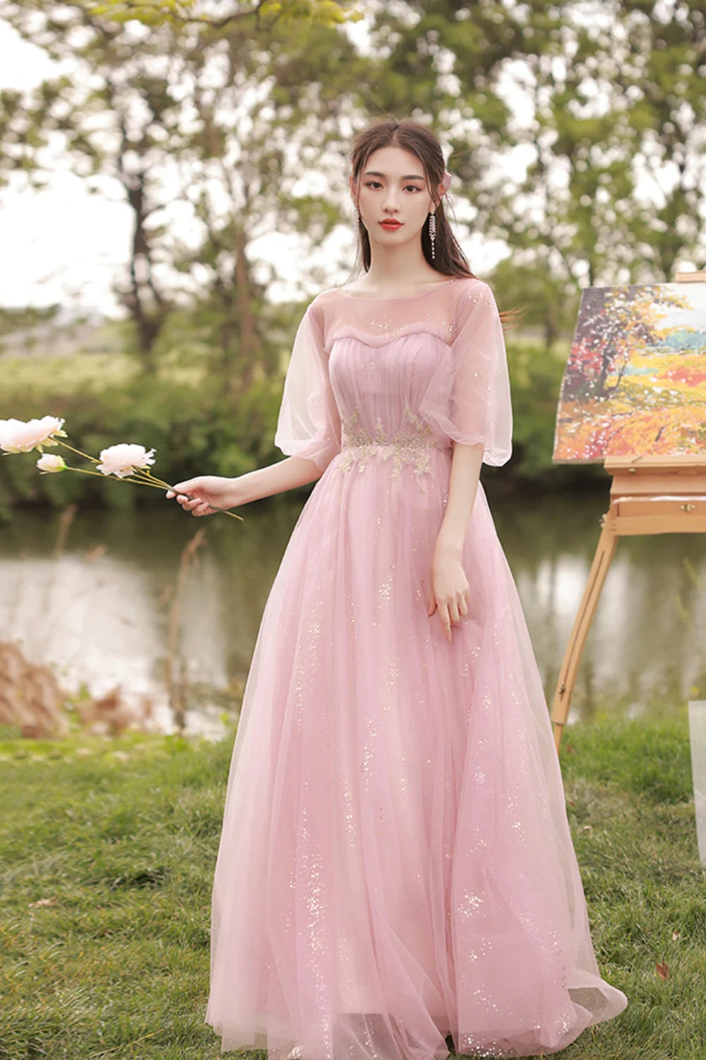 High-Fashion Women's Clothing Evening Elegance Pink Tulle Long A-Line Ball Gown Evening Gown Bridesmaid Dresses 8869