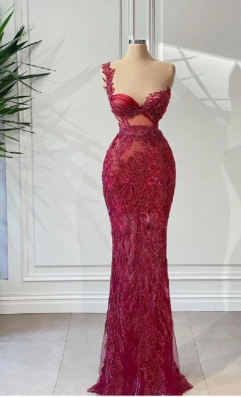 Affordable Women's Attire Wardrobe Update Luxury gorgeous elegant one shoulder burgundy long ball gown sexy bodycon evening dress gh2724