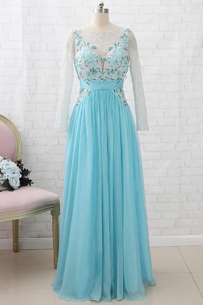 Women's Trendy Clothes Limited - Time Bundle Aqua Blue Chiffon Cutout Back Appliques Long Bridesmaid Dress