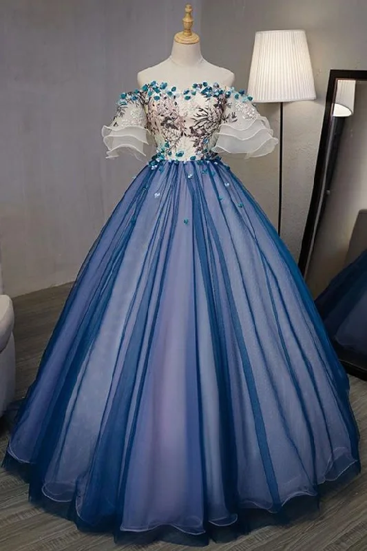 Chic Women's Garments Latest Trends Elegant Off Shoulder Appliqued Ball Gown,A-Line Blue Organza Long Prom Dresses  cg701