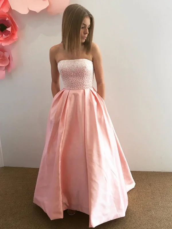 Sustainable Fashion Clothing For Women Chic Outfits Strapless Lace Top Pink Satin Long Prom Dresses, Strapless Pink Lace Formal Dresses, Pink Lace Evening Dresses