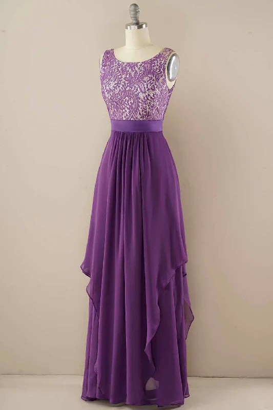 Women's Vintage Clothes Update With Cottagecore Styles Purple Lace Jewel Sleeveless Tiered Bridesmaid Dress