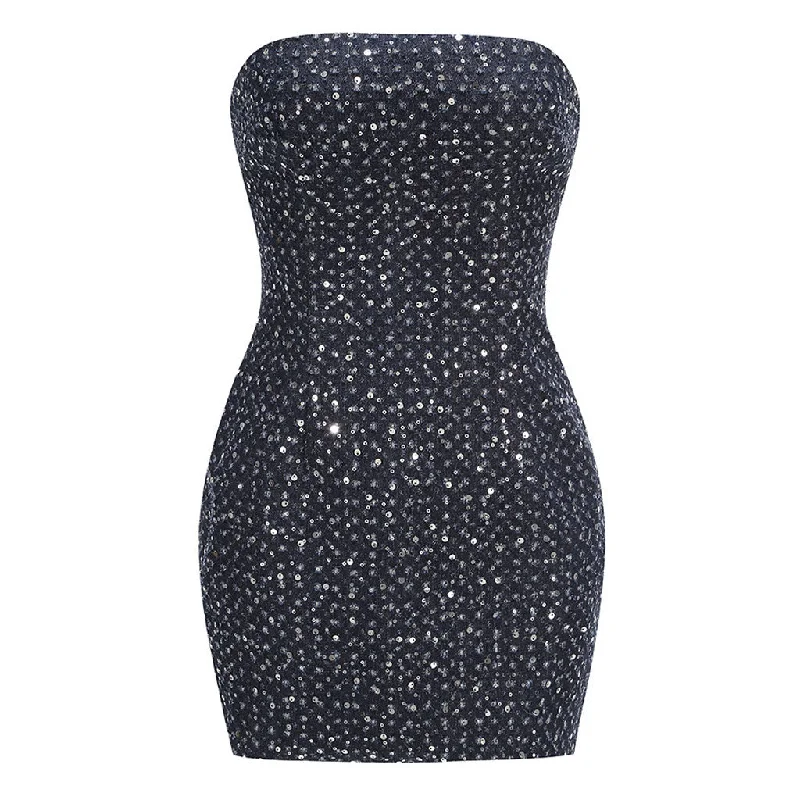 Women's Functional Apparel For Outdoor Activities Fashion-Forward Outfits Sparkly Sequin Embellished Bodycon Ripped Denim Tube Mini Party Dress