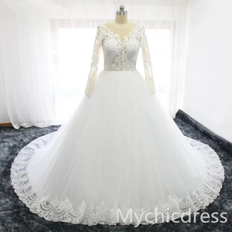 Women's Clothing For Casual Outings Trend Alert A Line Lace Tulle Ivory Vintage Wedding Dresses with Sleeves