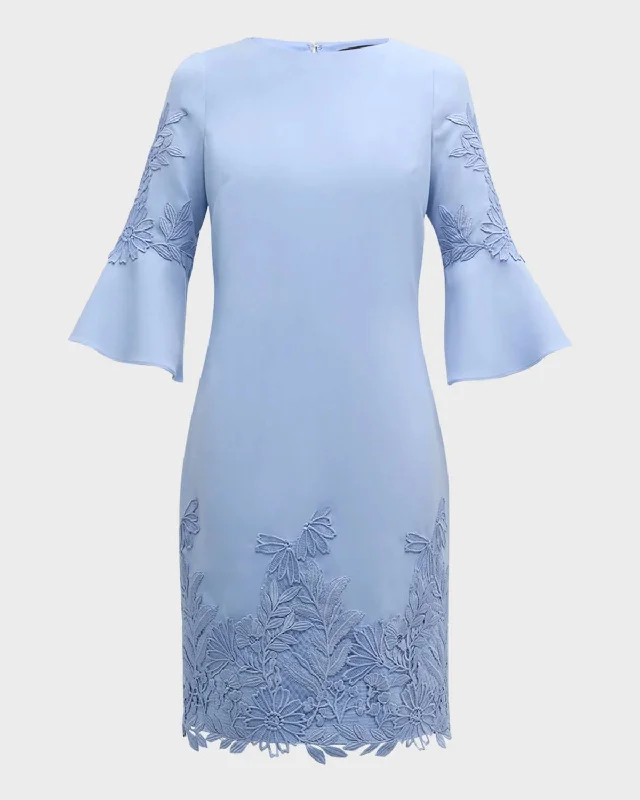 Women's Clothes For Work Trendy Styles Lace Trim Bell Sleeve Crepe Midi Dress In Light Blue