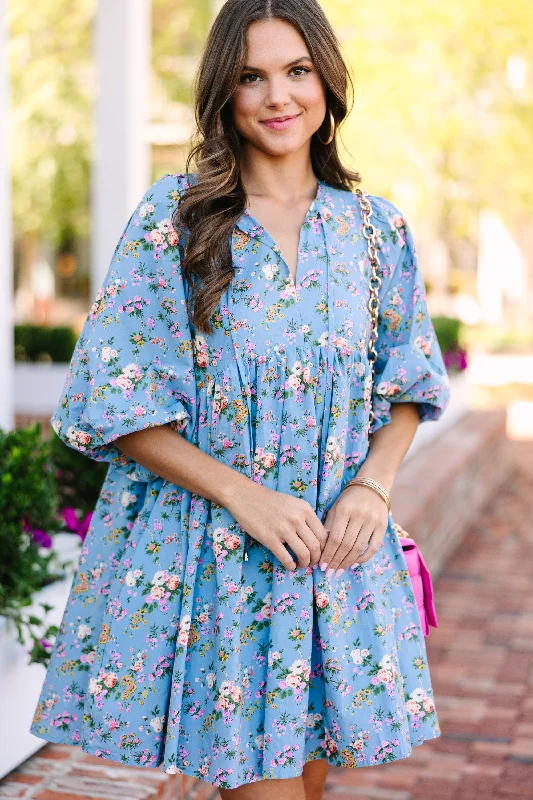 Women's Formal Apparel Summer Fashion Call You Over Blue Floral Dress