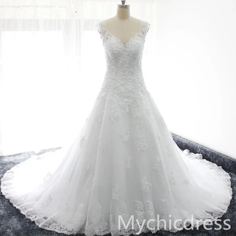 Women's Seasonal Clothing Elevate Your Wardrobe V Neck Lace Appliques Sequins Wedding Gowns Cap Sleeves