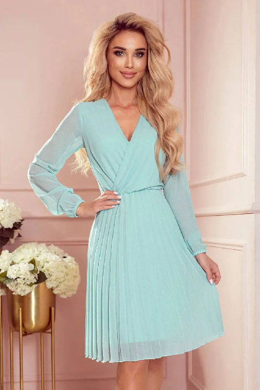 Women's Trendy Activewear Apparel Score Big On Glamorous Red - Carpet Styles Numoco 313-12 ISABELLE Pleated dress with neckline and long sleeve - mint