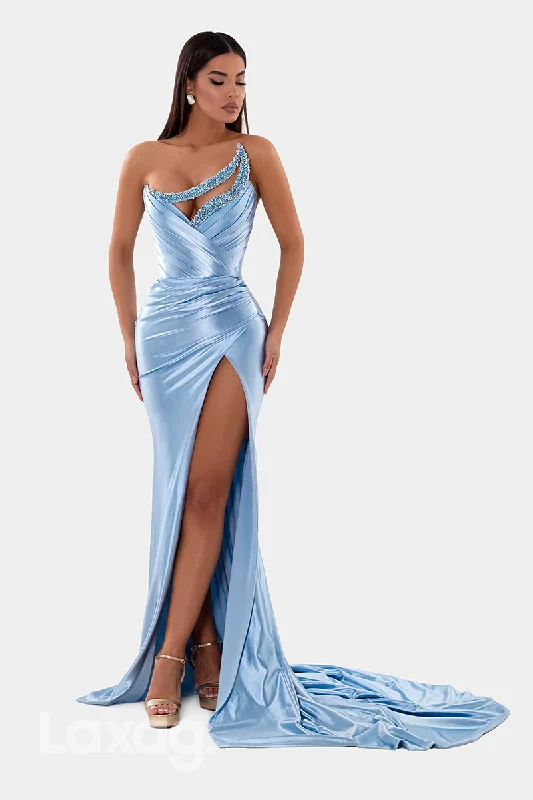 Affordable Women's Clothing Mid - Week Surprise 22143 - Sexy V-Neck Beaded Draped Sleek Satin High Slit Mermaid Prom Dress with Train