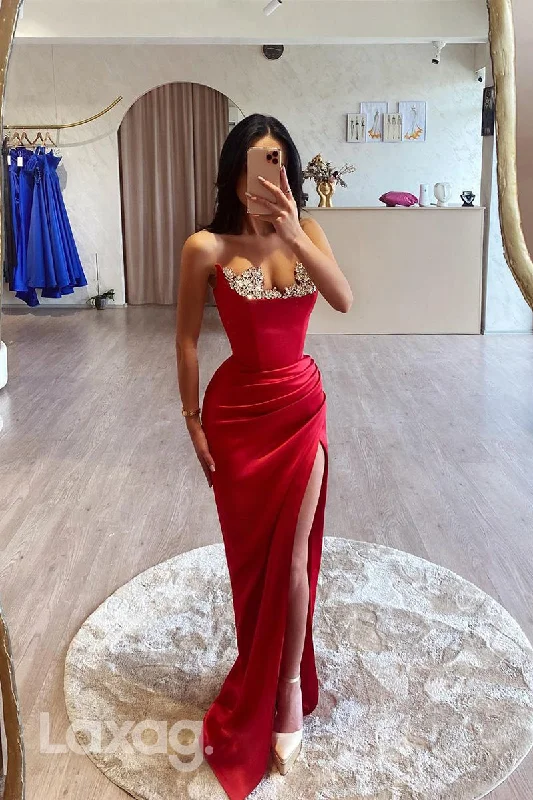 Women's Clothes For Work Casual Chic 22085 - Sexy Strapless Beads Satin Ruched Long Formal Prom Dress with Slit