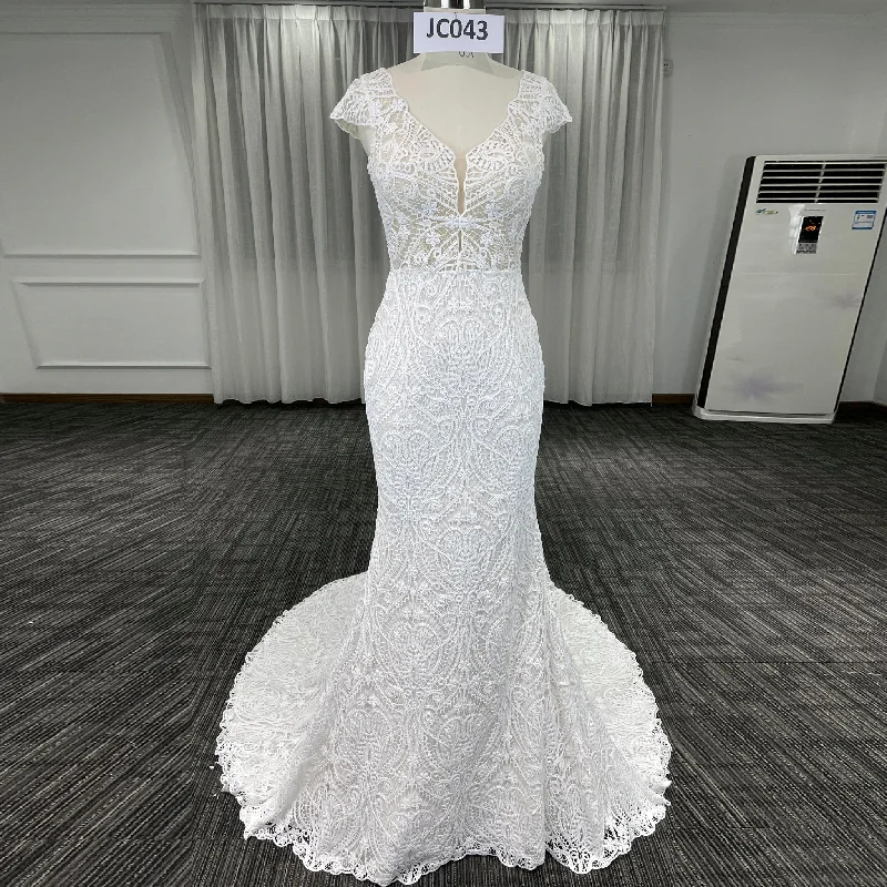 Affordable Women's Garments Latest Fashion Allover Lace Cap Sleeve Mermaid Wedding Dress with Keyhole Back