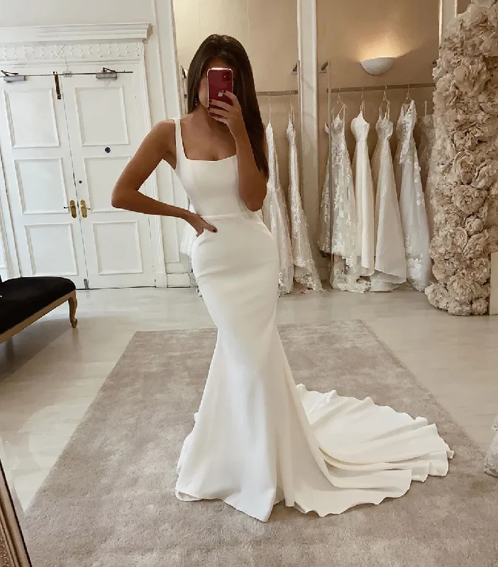 Women's Functional Outfit For Outdoor Activities Fashion Deal Long Square Ivory Mermaid Satin Summer Wedding Dresses