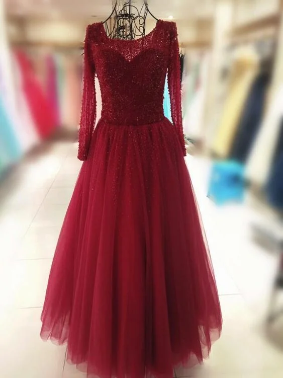 Fashion-Forward Women's Clothing Fashion Deal Gorgeous Wine Red Tulle Beaded Long Sleeves Prom Gown, Sweet 16 Dresses    cg12680