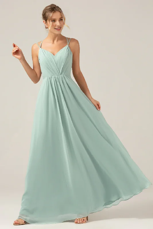 Women's Clothing With Trendy Designs Discounts On Casual Weekend Styles Matcha A-line slim shoulder chiffon and floor pleated bridesmaid dress