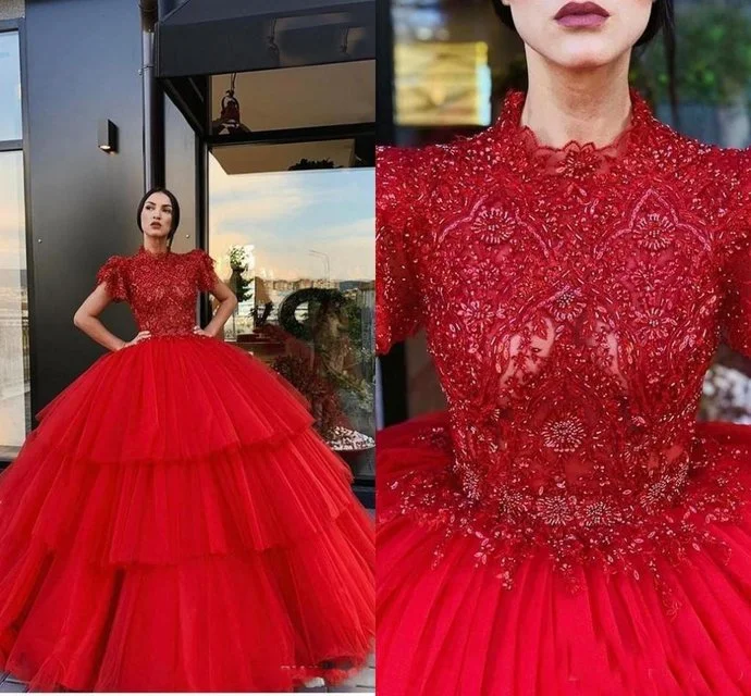 Women's Clothes For Work Limited-Time Offer Red Quinceanera Dresses High Neck Short Sleeves Lace Appliques Crystal Beads Ball Gown Puffy Tiered Sweet 16 Party Prom Evening Gown   cg13225