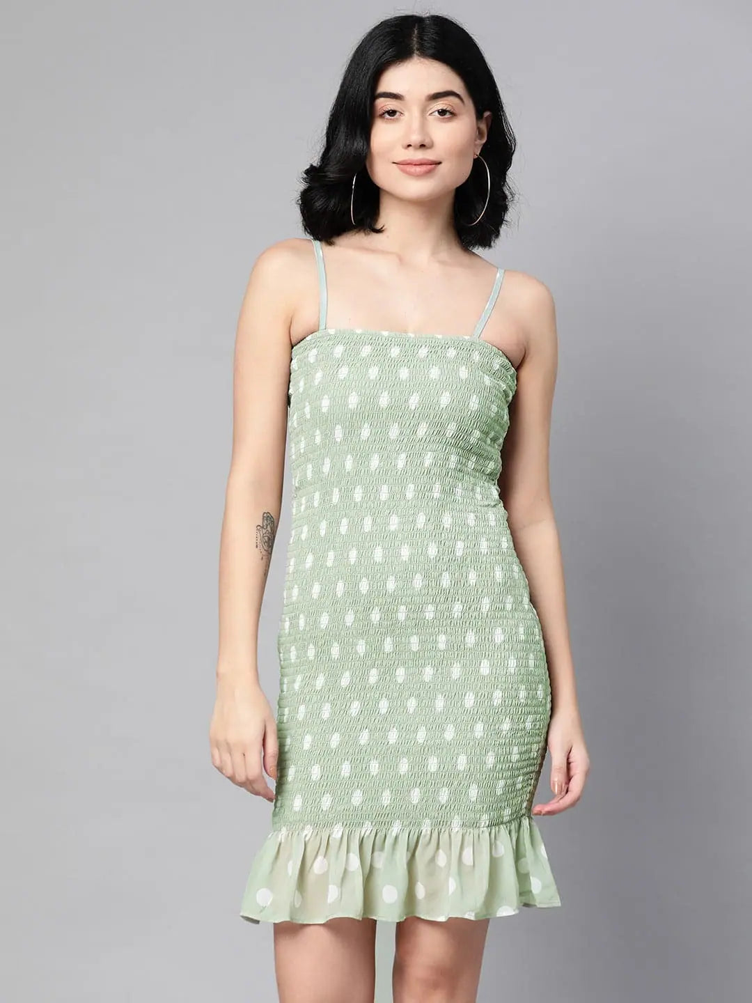 Timeless Women's Outfit Buy More, Save More Sea Green Dot Smocked Bodycon Dress