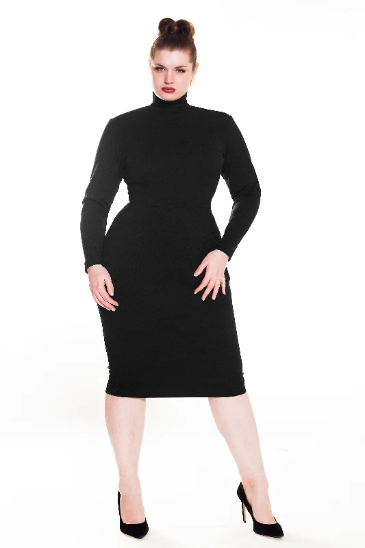 Women's Elegant Evening Attire Fashion-Forward Long Sleeved Mock Neck Pencil Dress- JIBRI