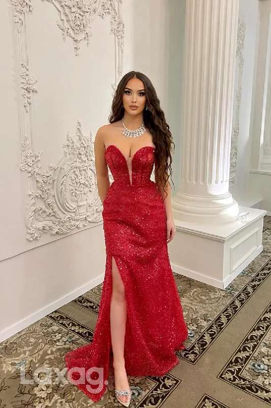 Affordable Trendy Clothes For Women Wardrobe Update 22160 - Low V-Neck Illusion Sparkly Beaded Sleek Satin  Mermaid Prom Dress with Slit