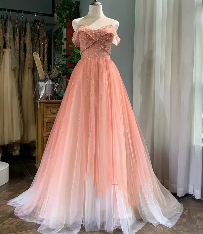 Women's Casual Wear Clothes Spring Fashion Beautiful Pink Tulle Gradient Beaded Off Shoulder Party Dress, Pink Prom Gown    cg13081