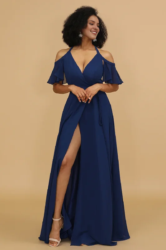 Women's Weekend Outfit Trendy Styles Navy blue split A-line shoulder chiffon bridesmaid dress