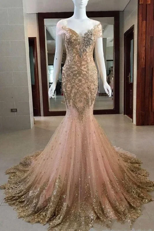 Women's Elegant Clothes Stylish Savings Lace Sheer Neck Illusion Peach Mermaid Prom Evening Dresses Lace Appliques bling bling Crystal Formal party Gowns    cg12794