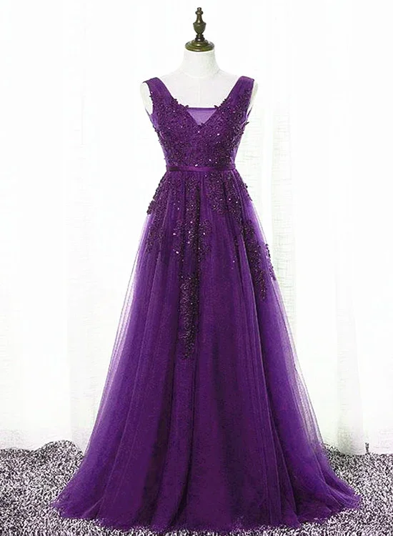 Plus-Size Women's Clothing Trend Alert Beautiful Purple Tulle A-Line Party Dress, Long Bridesmaid Dress gh305