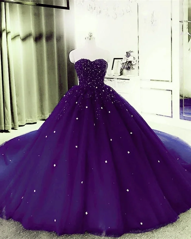 Women's Athletic Garments Exclusive Sale Sweetheart Crystals Prom Dresses Ball Gown Beaded Purple Quinceanera Dresses