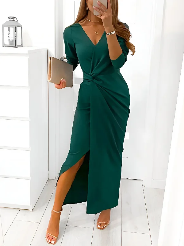 Affordable Fashion Clothing For Women Summer Splash Sale V Neck Long Sleeves Ruched Slit Bodycon Maxi Dress