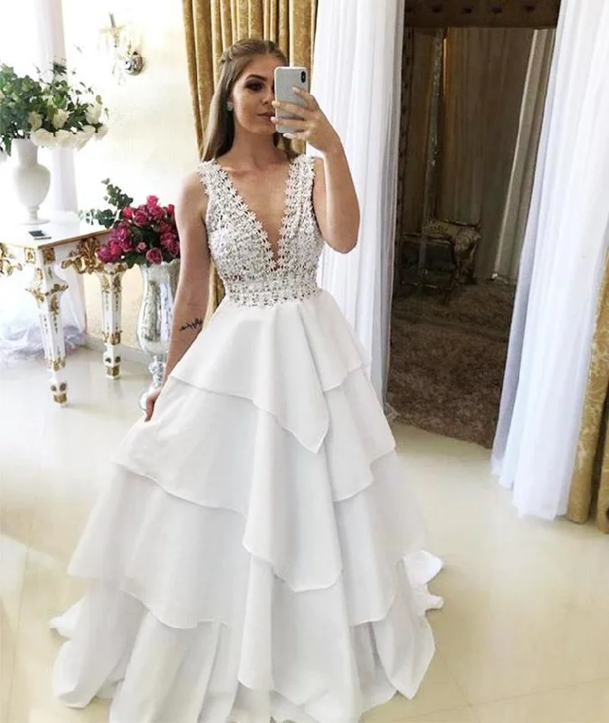 Women's Casual Outfit First Order Discount WHITE V NECK LONG PROM GOWN DRESS FORMAL DRESS    cg12420