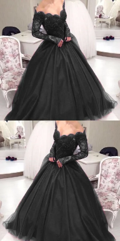 Women's Formal Clothes Chic Styles New Arrival Black Lace Ball Gown Quinceanera Dresses With Long Sleeve prom Dress    cg13293