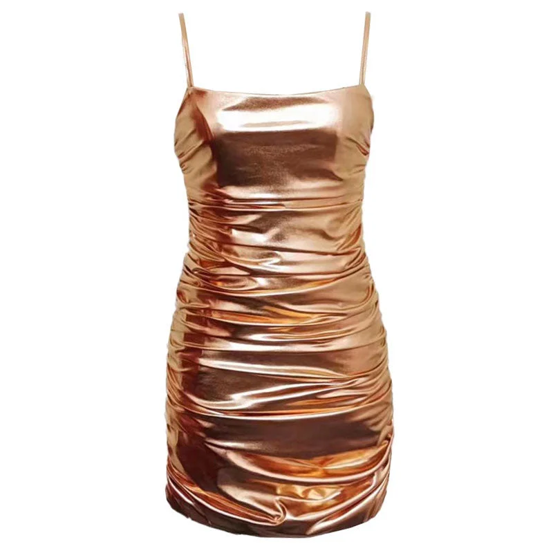 Women's Versatile Apparel Elevate Your Wardrobe Metallic Spaghetti Strap Ruched Bodycon Club Mini Dress - Gold