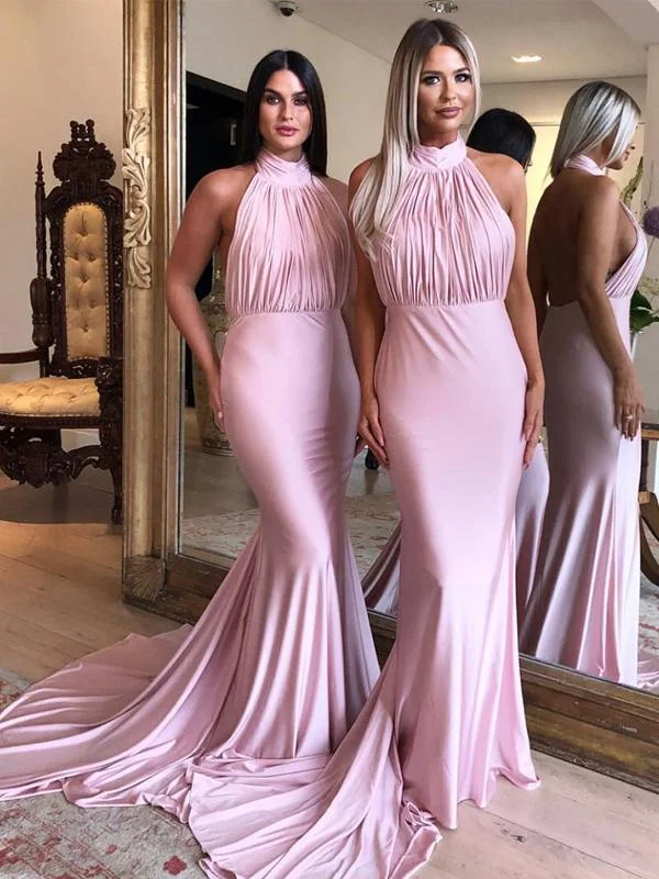 Women's Athletic Apparel Summer Essentials Halter Pink Long Mermaid Backless Bridesmaid Dresses