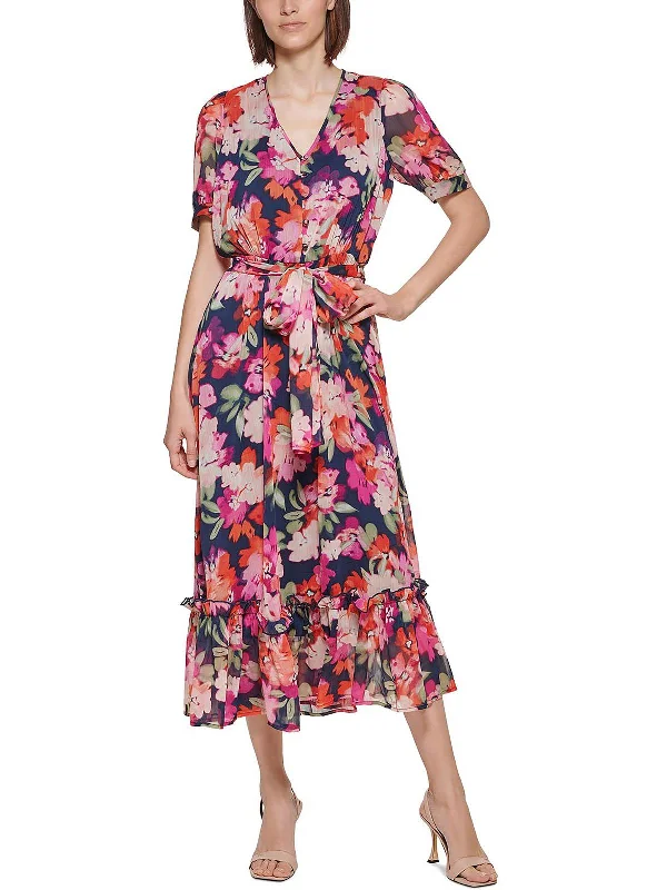 Women's Timeless Attire Elegant Style Womens Floral Ruffled Midi Dress