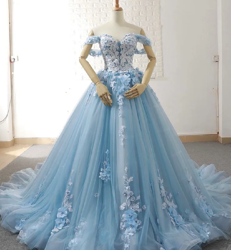 Women's Outerwear Garments Spring Fashion BLUE TULLE LACE LONG BALL GOWN DRESS FORMAL DRESS PROM DRESS    cg14338