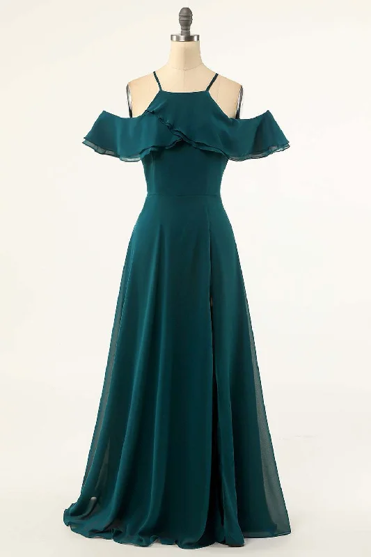 Women's Clothes For Work Flash Deals Hunter Green Cold Shoulder Ruffled Bridesmaid Dress