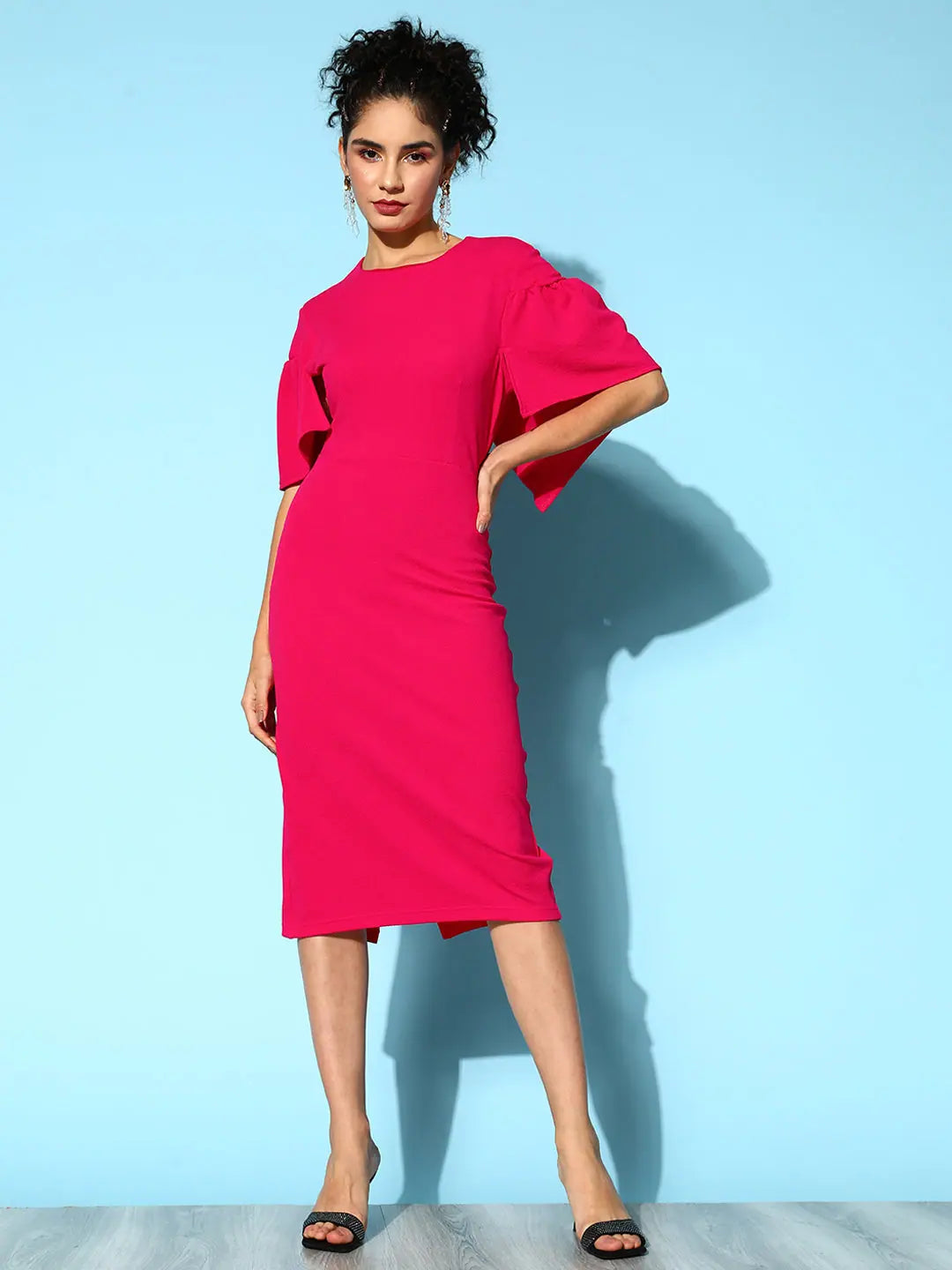 Women's Evening Wear Attire Seasonal Sale Women Fuchsia Frill Cape Bodycon Dress