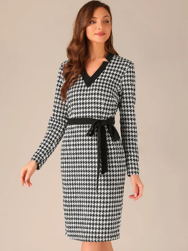 Classic Women's Clothing Styles Beat The Heat In Tropical Styles Houndstooth V Neck Belted Long Sleeve Bodycon Midi Dress